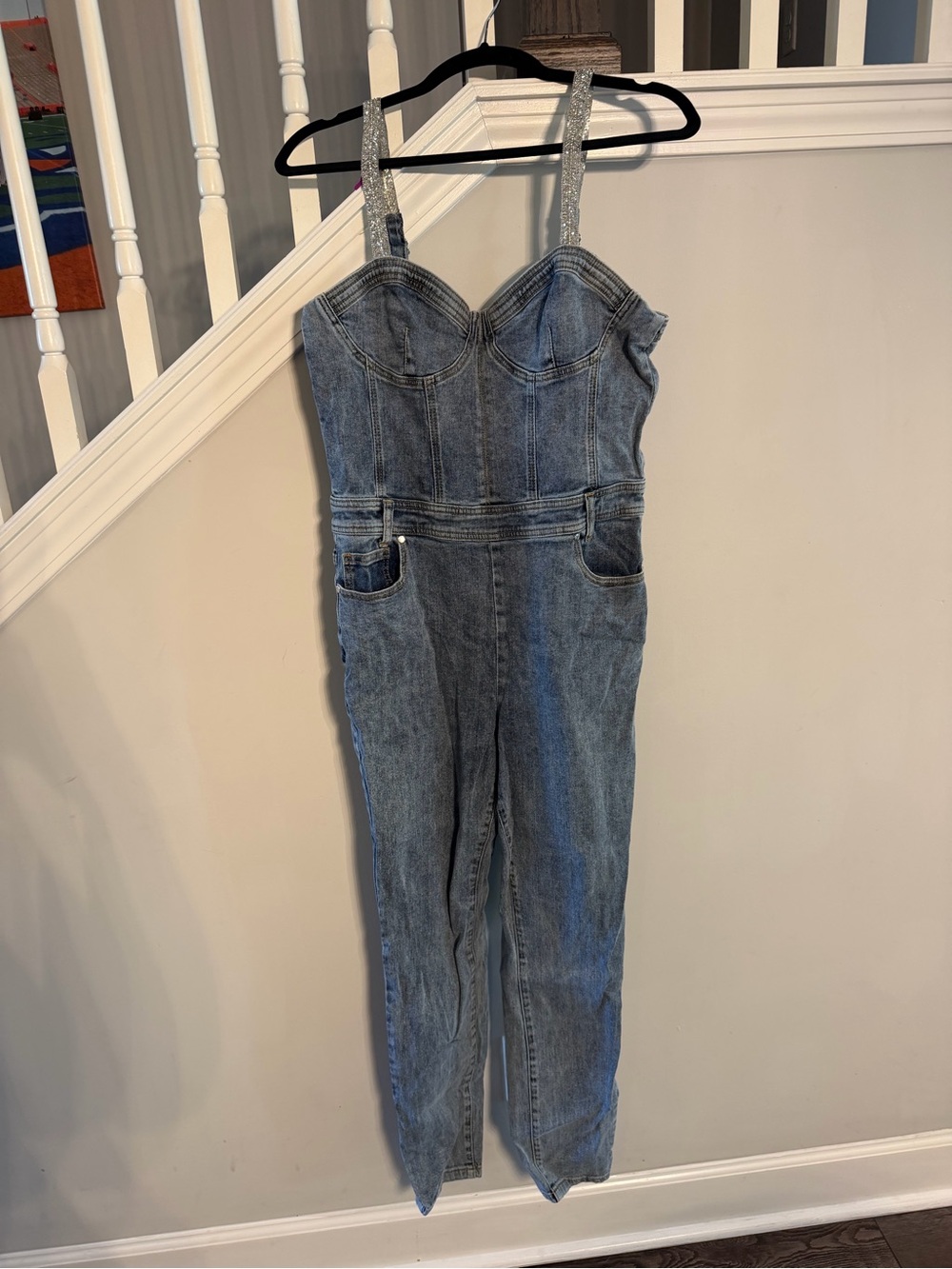 bebe Light Blue Denim Bustier Jumpsuit with Sparkle Straps